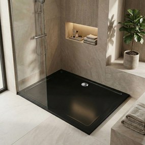 Rea Savoy, sprchová vanička 100x80x6 cm + sifón s chrómovou krytkou, čierna lesklá, REA-K4087