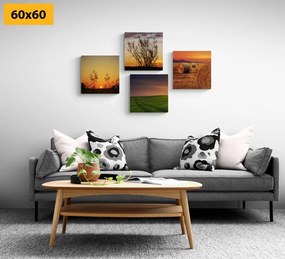 Set obrazov romantický západ slnka na lúke - 4x 40x40
