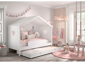 Biela domčeková detská posteľ z borovicového dreva s výsuvným lôžkom a úložným priestorom 90x200 cm AMORI – Vipack