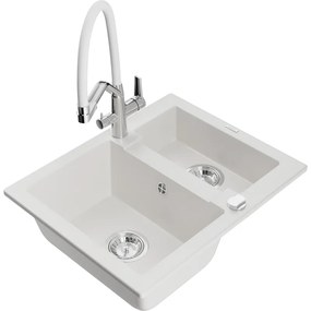 Mexen Carlos, 1,5-komorový granitový drez 582x475x177 mm a drezová batéria Duo, biela, 6518-20-671701-02