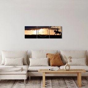 Obraz - Jazdec na koni pri západe slnka (s hodinami) (90x30 cm)