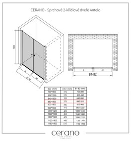 Cerano Antelo, 2-krídlové sprchové dvere do otvoru 88x190 cm, 6 mm číre sklo, čierny matný profil, CER-CER-432349