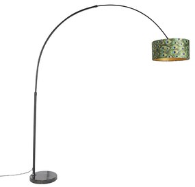 Botanická oblúková lampa čierna zamatový tienidlo s motívom páva 50 cm - XXL