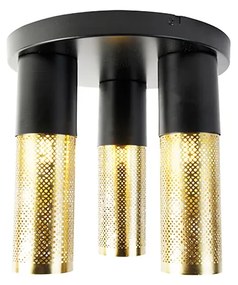 Priemyselné stropné svietidlo čierne so zlatým okrúhlym 3-svetlom - Raspi