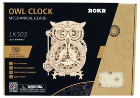 Robotime 3D drevené mechanické puzzle Hodiny Sova kyvadlové 161 ks