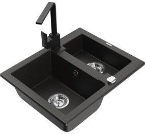 Mexen Carlos, 1,5-komorový granitový drez s odkvapkávačom 582x475x177 mm a čierna kuchynská batéria Rita, čierna - zlatá metalíza, 6518-75-670300-70
