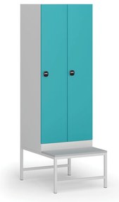 Šatníková skrinka s lavičkou, 2 oddiely, 1875 x 600 x 500/800 mm, demont, zámok s čítačkou RFID kariet, zelené dvere