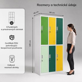 Šatníková skriňa BHP sivo-zeleno-žltá, 6-dverová: IGOR, 900 x 1850 x 450 mm