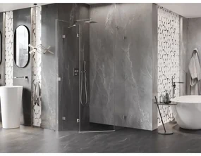 Mexen Lunar, päťuholníkový sprchový kút naklápací doľava 90 x 90 cm, 8mm číre sklo, oceľový profil, 831-090L-090P-97-00-L