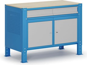 Dielenský stôl G9, 2 skrinky, 2 zásuvky, výškovo nastaviteľný, 1180 x 595 x 715-975 mm, sivá/modrá