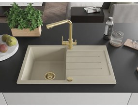 Mexen Bruno, 1-komorový granitový drez s odkvapkávačom 795x495x200 mm a zlatá batéria Duero, béžová, 6513-69-671600-50