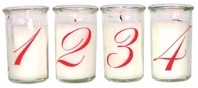 Det Gamle Apotek Adventné sviečky v skle V.10cm SET/4ks biele s červenými číslami
