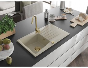 Mexen Cesar, granitový drez 775x470x190 mm, 1-komorový, béžová so zlatým sifónom, 6514771010-69-G
