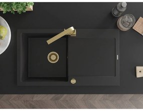 Mexen Leo, drez granitový 900x500x190 mm, 1-komorový, čierna so zlatým sifónom a zlatá drezová batéria Rita, 6501-77-670300-50