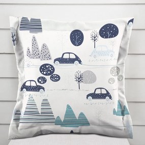 Biante Detská bavlnená obliečka na vankúš s lemom Sandra SA-685 Modré autá medzi stromami na bielom 50 x 60 cm