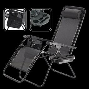GARDEN LINE Záhradné skladacie ležadlo s podložkou, vreckom a opierkou hlavy LEZ5934 čierne