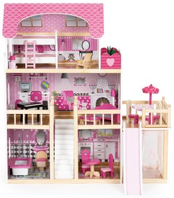 EcoToys Drevený domček pre bábiky s terasou -18 kusov dreveného nábytku
