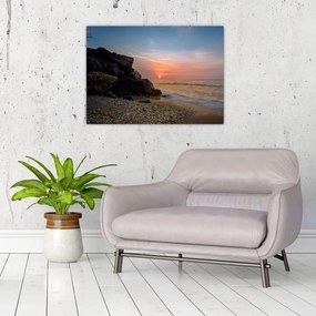 Sklenený obraz západu slnka na pláži (70x50 cm)