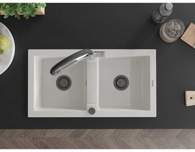 Mexen Mario, granitový drez 820x436x161 mm, 2-komorový a drezová batéria Duo, biela, 6504-20-671701-07-B