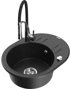 Mexen Kevin, 1-komorový granitový drez 586x458x190 mm a drezová batéria Aster, čierna-strieborná metalíza, 6517-73-73450-07