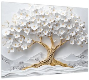 Sklenený obraz – 3D elegantný strom života plný kvetov (70x50 cm)