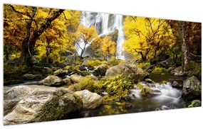 Obraz - Vodopády v jesennej krajine, žlté (120x50 cm)