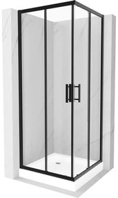 Mexen Rio, štvorcový sprchovací kút s posuvnými dverami 70(dvere) x 70(dvere) x 190 cm, 6mm číre sklo námraza, čierny profil + biela sprchová vanička RIO, 860-070-070-70-00-4510