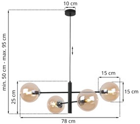Závesne svietidlo Paris, 4x medové sklenené tienidlo, B/CH