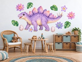 Fialový stegosaurus s kvetmi pastelové nálepky do detskej izby na stenu arch 46 x 30 cm