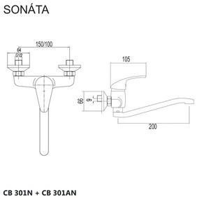 Mereo, Drezová nástenná batéria, Sonáta, s ramienkom plochým vyhnutým 210 mm, chróm, MER-CB301AN