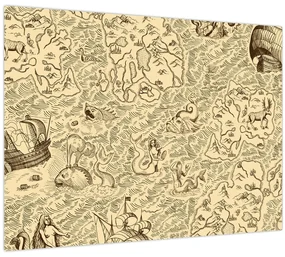 Sklenený obraz - Vintage mapa, ilustrácie (70x50 cm)