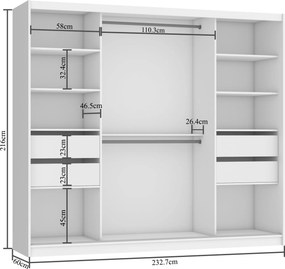 Šatníková skriňa 232 cm Belini čierny mat / dub sonoma s posuvnými dverami zrkadlom a zásuvkami  MBP SZP8/0/1B/2DS1L/0/KLP