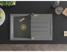 Mexen Bruno, 1-komorový granitový drez 795x495x200 mm a drezová batéria Flora, šedá, 6513-71-670401-57-G