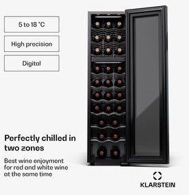 Klarstein Shiraz 27 Duo, chladnička na víno, 2 zóny, 83 l/27 fliaš, 5-18 / 5-18 °C, dotykové ovládanie