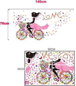 Samolepka na stenu "Dievča s motýľmi na bicykli" 140x70 cm