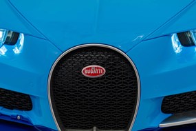 Ramiz Bugatti Chiron batérie pre deti Modrá + Diaľkové ovládanie + Nosič batožiny + EVA + Tlmiče + LED Audio
