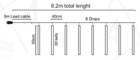 ACA Lighting LED vianočné záves Cencúle, 8,2m, studená biela, IP44, 240 LED