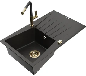 Mexen Cesar, 1-komorový granitový drez 775x470x190 mm a drezová batéria Flora, čierna-zlatá metalíza, 6514-75-670401-57-G