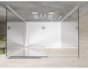 Mexen Omega, 3-stenový sprchovací kút s posuvnými dverami 140 (dvere) x 100 (stena) x 190 cm, 8mm číre sklo, chrómový profil + biela sprchová vanička SLIM, 825-140-100-01-00-3S-4010