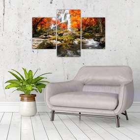 Obraz - Vodopády v jesennej krajine, oranžový (90x60 cm)