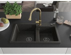 Mexen Tomas, 2-komorový granitový drez 800x500x190 mm a drezová batéria Elia, čierna-zlatá metalíza, 6516-75-670101-50-B