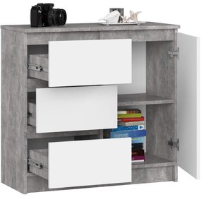 Komoda JERRY K 80 cm 1 dvere 3 zásuvky betón/biela