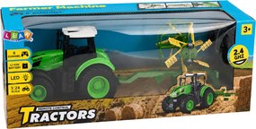 LEAN Toys Poľnohospodársky traktor s hrabacou lištou, diaľkovo ovládaný RC, so svetlami, mierka 1:24