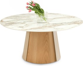 Elegantný okrúhly keramický stôl DONAT 160 bielo-zlatý mramor + dub