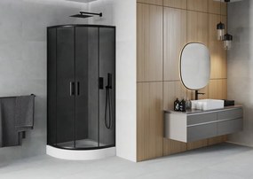 Mexen Rio, štvrťkruhový sprchovací kút s posuvnými dverami 80(dvere) x 80(dvere) x 190 cm, 6mm šedé sklo, čierny profil + biela sprchová vanička RIO, 863-080-080-70-40-4710