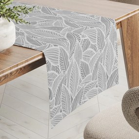Biante Dekoračný behúň na stôl Leona LN-169 Biele listy na sivom 35x140 cm