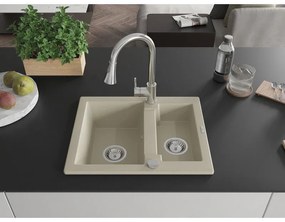 Mexen Carlos, 1,5-komorový granitový drez 582x475x177 mm a drezová batéria Elia, béžová, 6518-69-670101-00