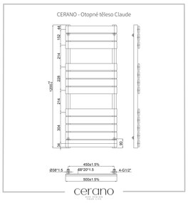 Cerano Claude, vykurovacie teleso 1200x500mm, 650W, rozteč pripojenia 450 mm, čierna matná, CER-CER-429658
