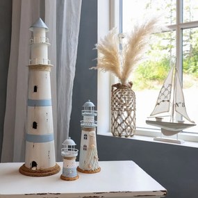 Bielo-modrá kovová dekorácia maják Lighthouse Nautic - Ø 10*28 cm