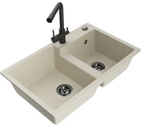 Mexen Tomas, granitový drez 800x500x190 mm, 2-komorový a čierna batéria Duero, béžová, 6516-69-671600-70